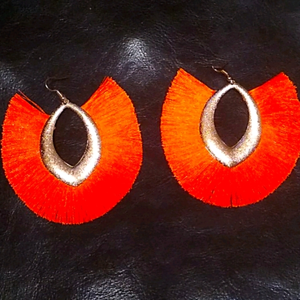 Caribbean Orange Tassel Earrings w/ Gold